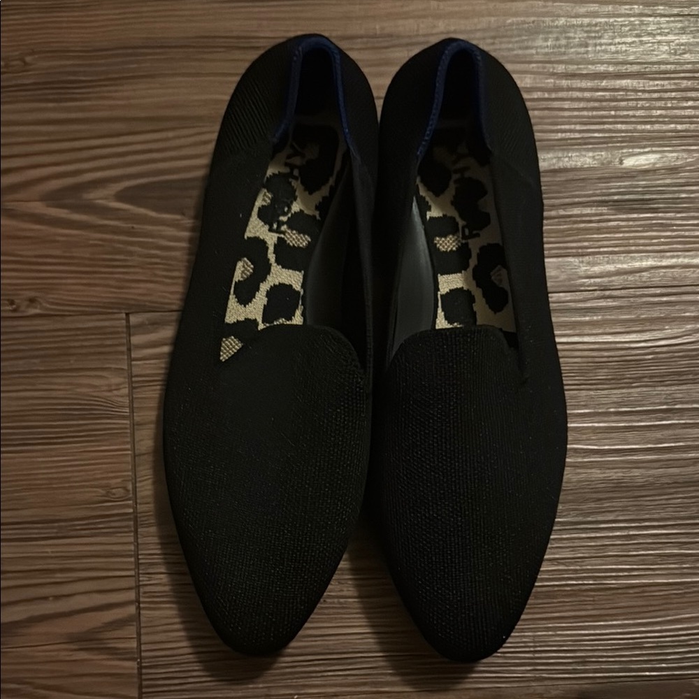 Rothy's Black Pointed Knit Flats with Leopard Insole Accent